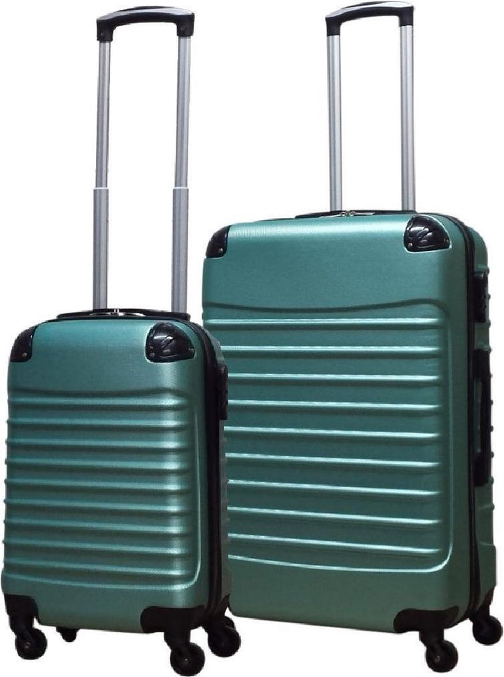 Robust green ABS hard-shell 2-piece travel luggage set with smooth spinner wheels for easy navigation.