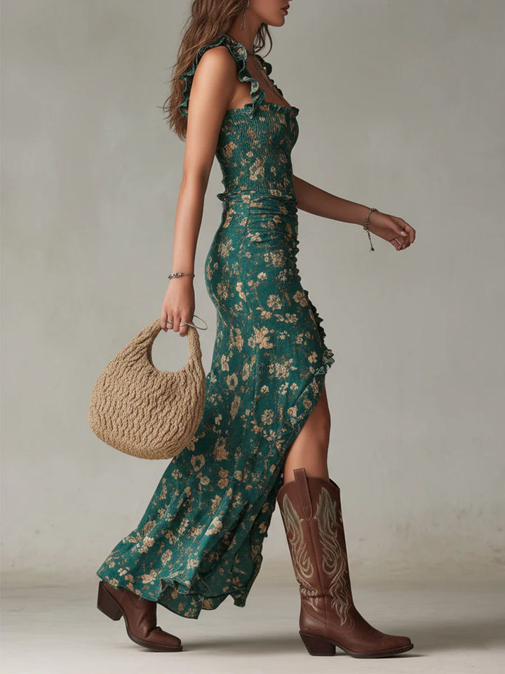 Effortless women's green floral maxi sundress. Bohemian style dress with smocked top, ideal for summer fashion.