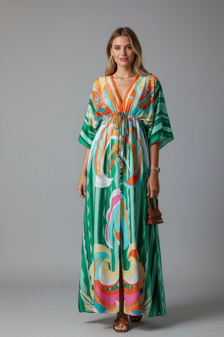 Pink printed women's flowy maxi dress, V-neck & tie waist. Casual & elegant all-season wear.