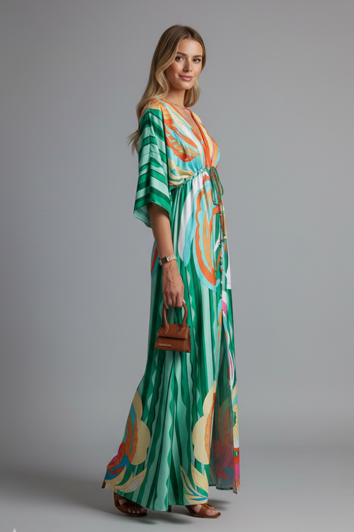 Blue printed V-neck women's maxi dress, flowy fit, adjustable tie waist. All-season elegant style.