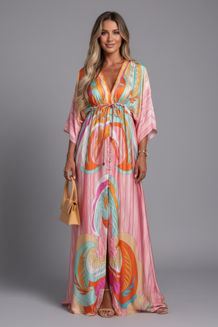 Elegant women's flowy V-neck maxi dress with batwing sleeves & tie waist. Perfect for casual wear.