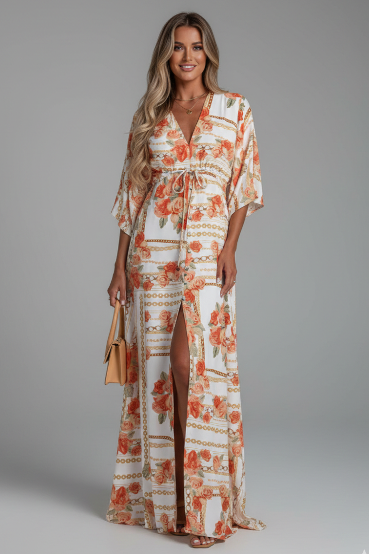 Printed maxi dress for women, flowy V-neck style with adjustable tie waist & batwing sleeves.
