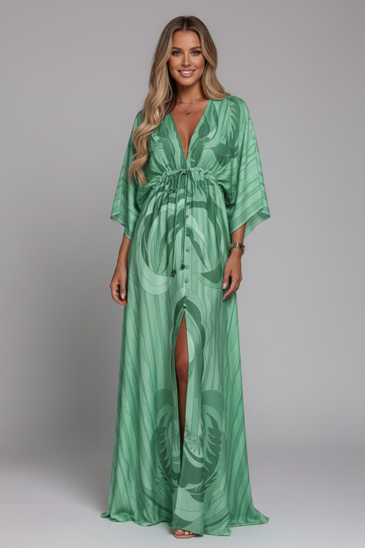 Women's all-season flowy V-neck maxi dress, tie waist & batwing sleeves. Available in various colors.