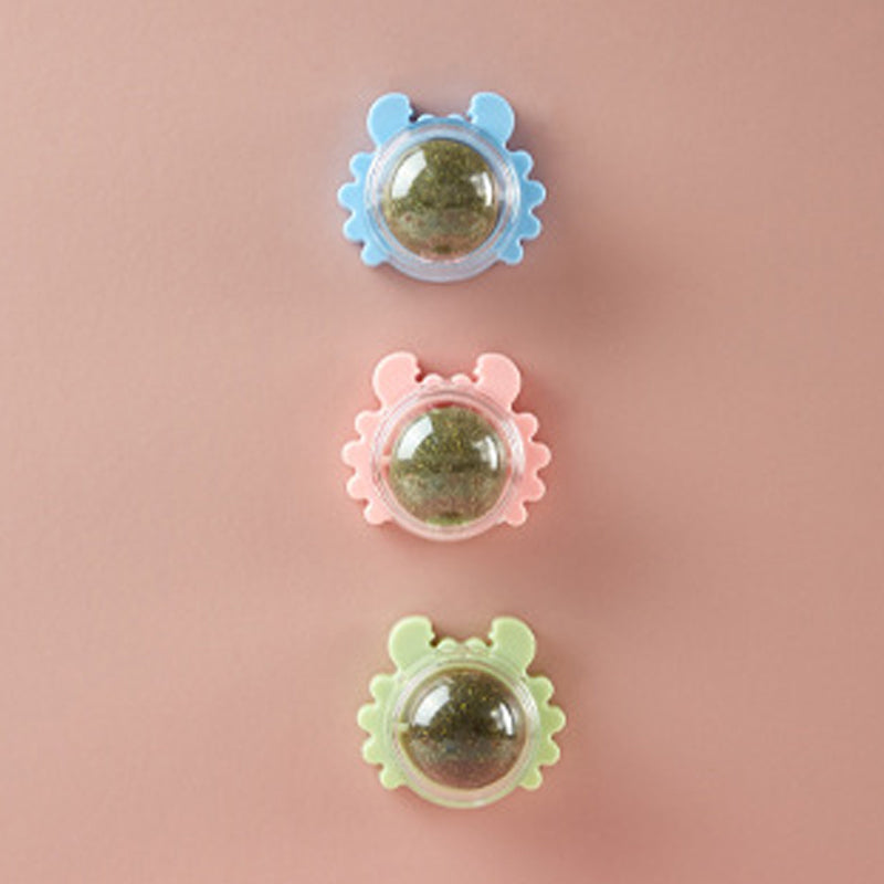 Set of three interactive pet catnip ball toys in green, blue, pink for cats