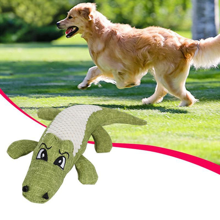 Collection of three vibrant green crocodile squeaky toys for dogs, assorted plush pet supplies