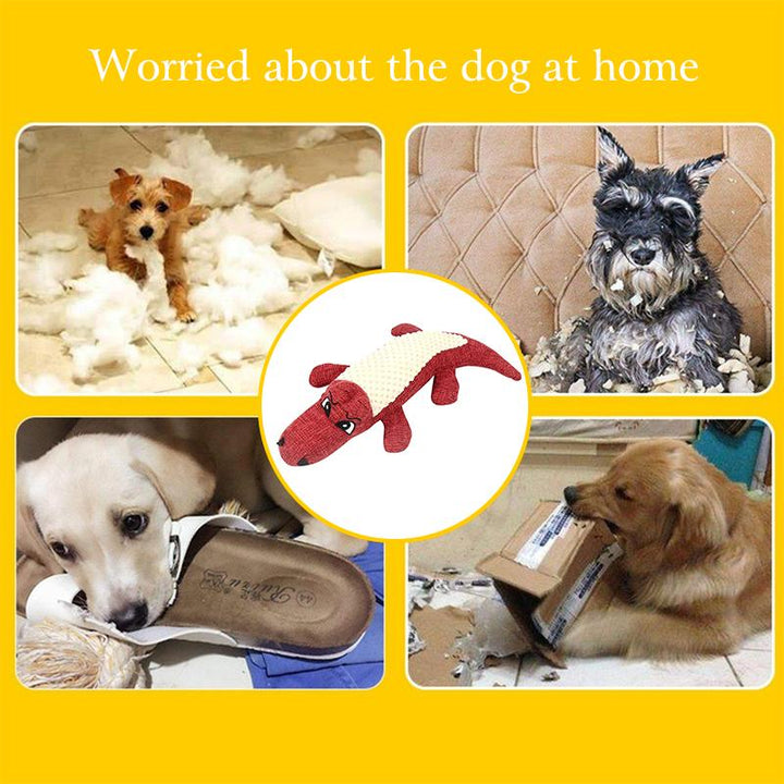 Dog happily playing with a Pet Crocodile Squeaking Chew Toy on a pet-friendly rug, durable dog supplies