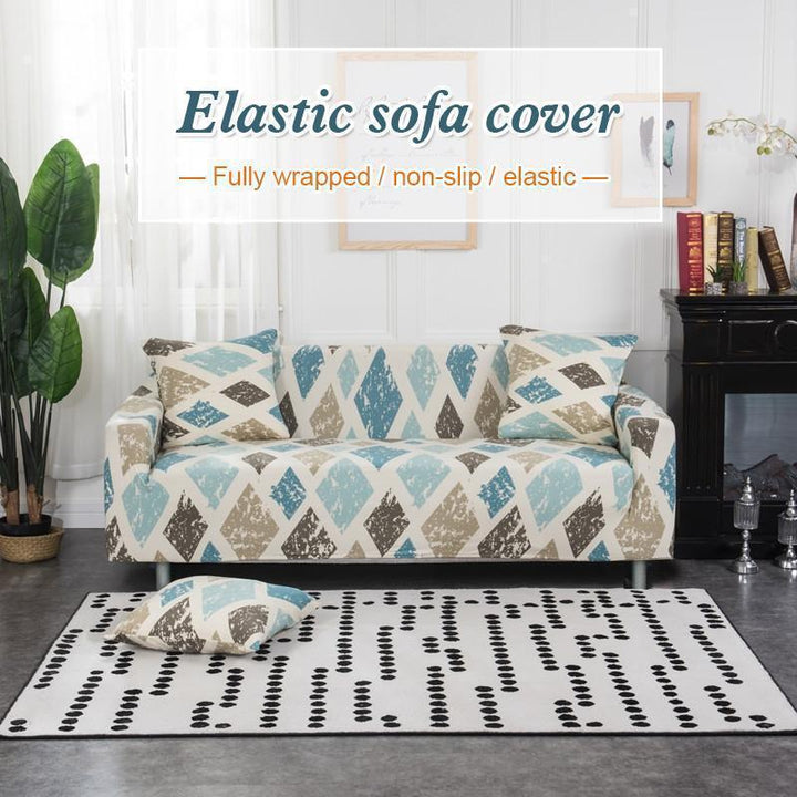 Grey universal elastic sofa cover on a three-seater sofa, protecting furniture, pet friendly home decor.