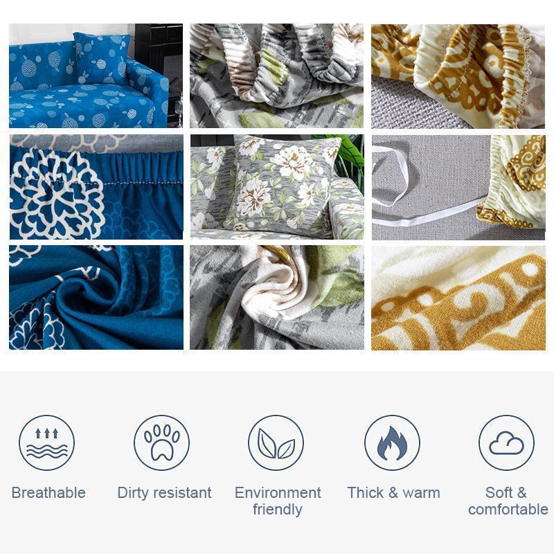 Close-up of a blue spandex sofa cover texture, highlighting elasticity and dirt-resistant material.