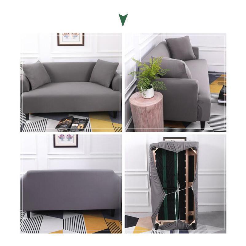 Child and pet friendly sofa covered with a durable elastic slipcover, ideal for a busy living room.