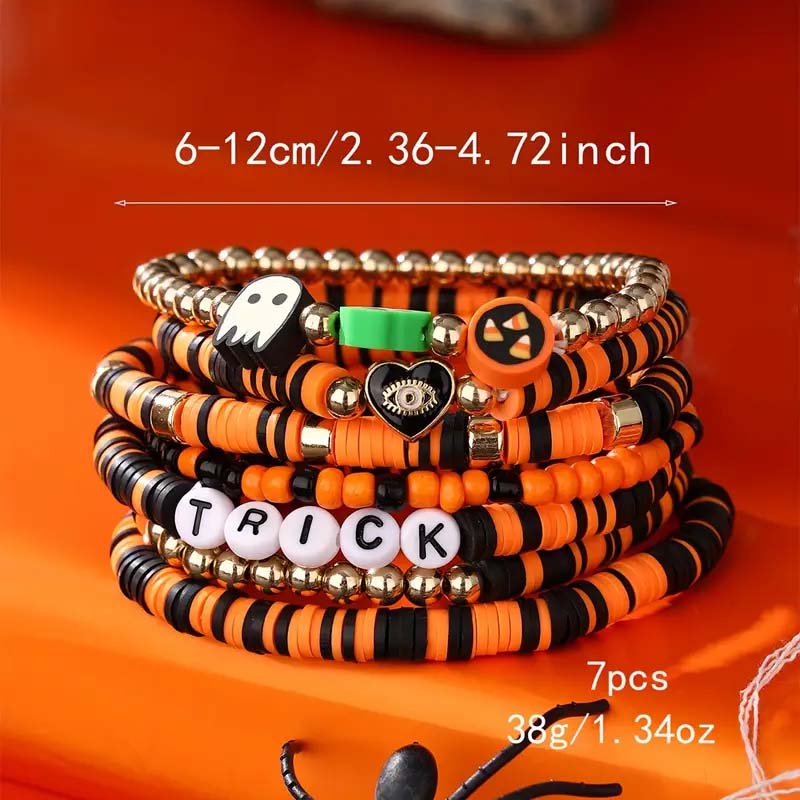 Stylish Halloween jewelry for him or her: clay beaded bracelets with spooky flair.