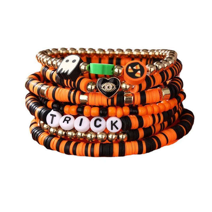 Gift-ready Halloween bracelet set featuring unique ghost and pumpkin bead designs.