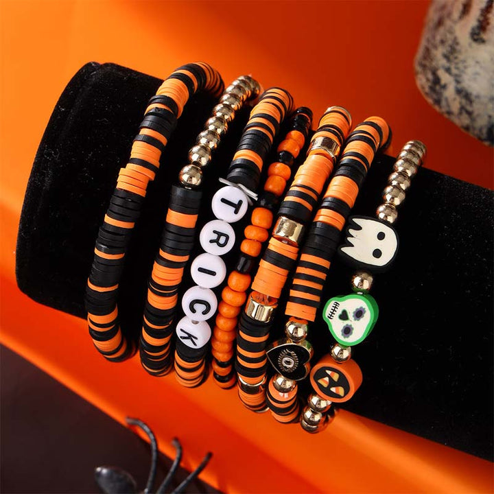 Showcasing the quality of clay beads and charms in this Halloween bracelet set.