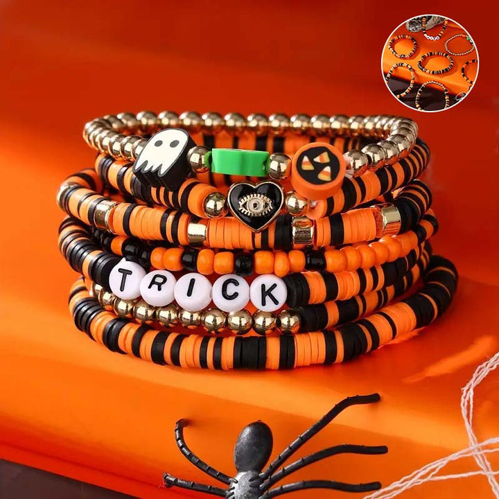 Clay beaded Halloween bracelet set, an ideal festive jewelry accessory.