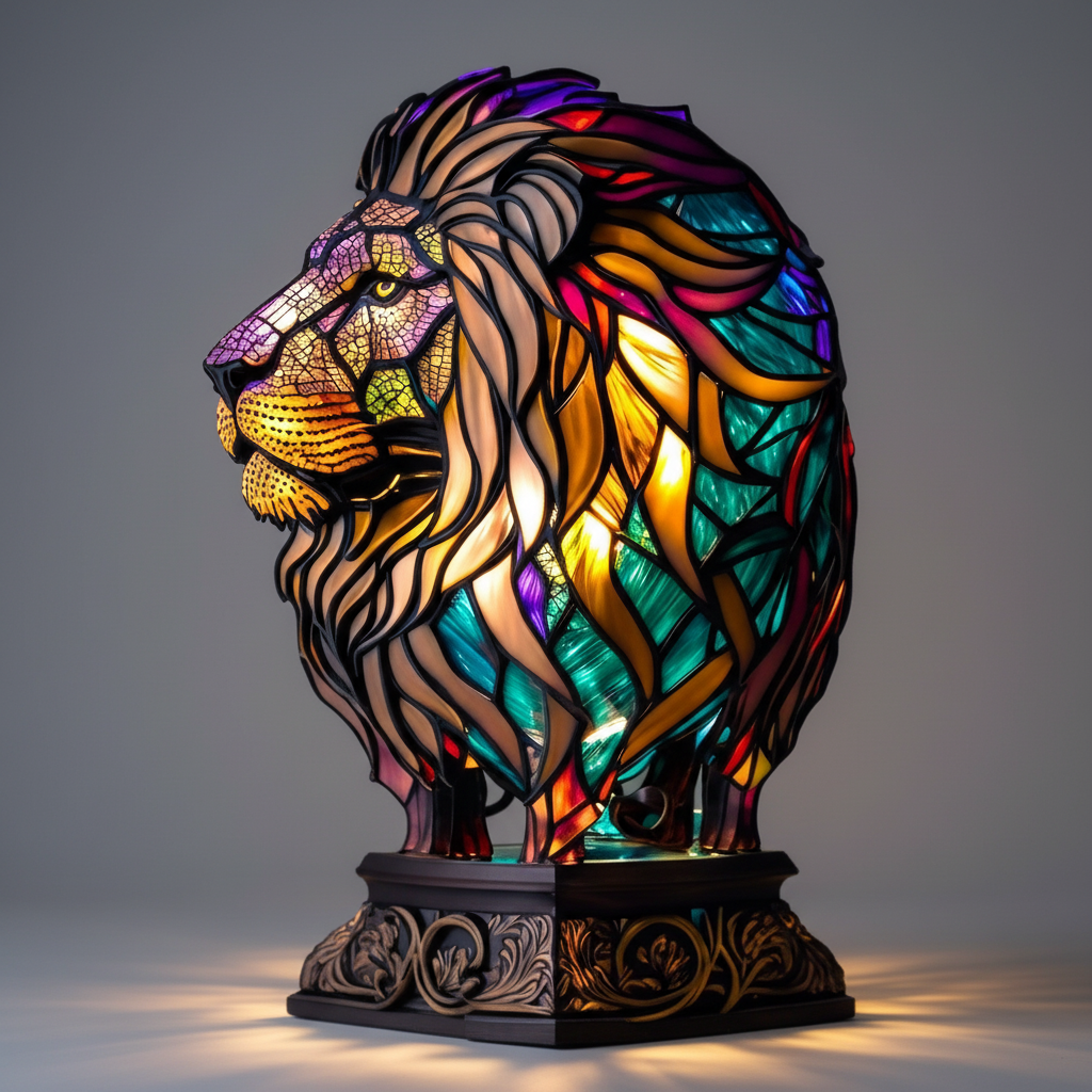 Decorative mosaic animal head lamp, casting ambient light for a cozy atmosphere.