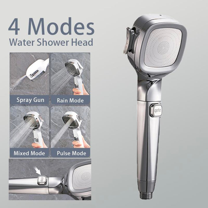 Handheld pressurized shower head with chrome finish and pause switch, perfect for water saving in bathrooms.