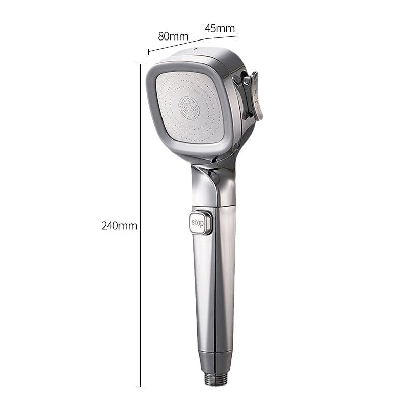 Stylish handheld shower head in a bathroom, showcasing its pressurized flow and easy-to-use pause feature.