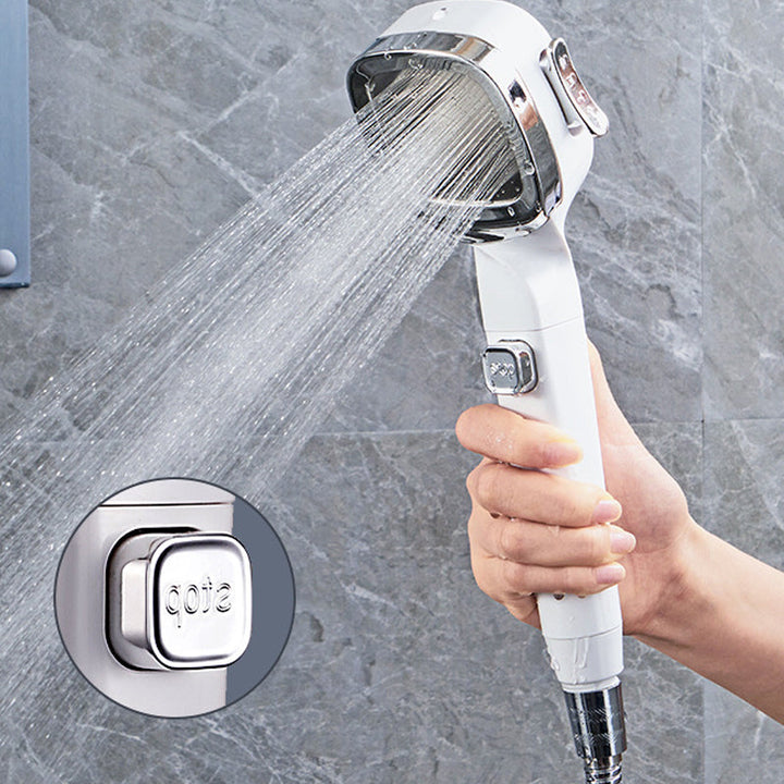 Close-up of a multi-function handheld shower head with a water-saving design and easy-install features.