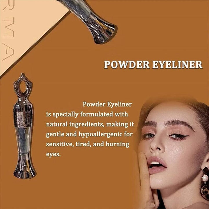 Woman applying handmade natural powder eyeliner with a brush for a precise, long-lasting look.