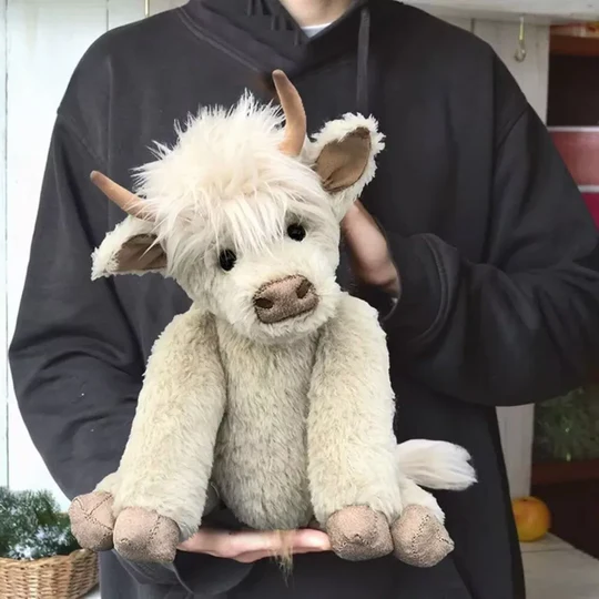 Charming handmade Scottish Highland Cattle cow plush toy, soft alpaca fur. Interactive moo sound. Ideal children's animal toy.