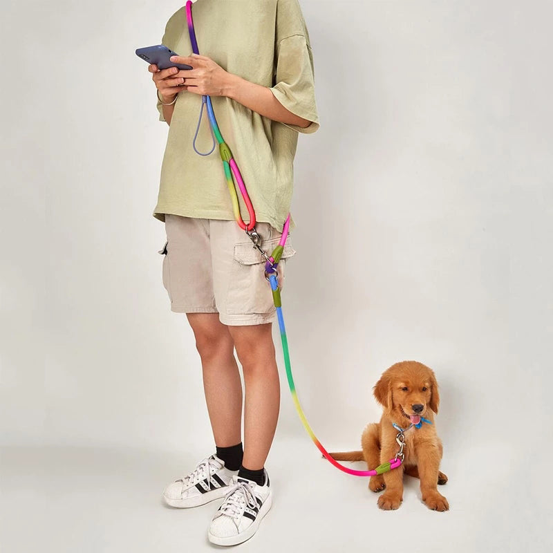 Hands-free dog leash in black nylon, worn comfortably around a person's waist, ideal for daily walks & training.