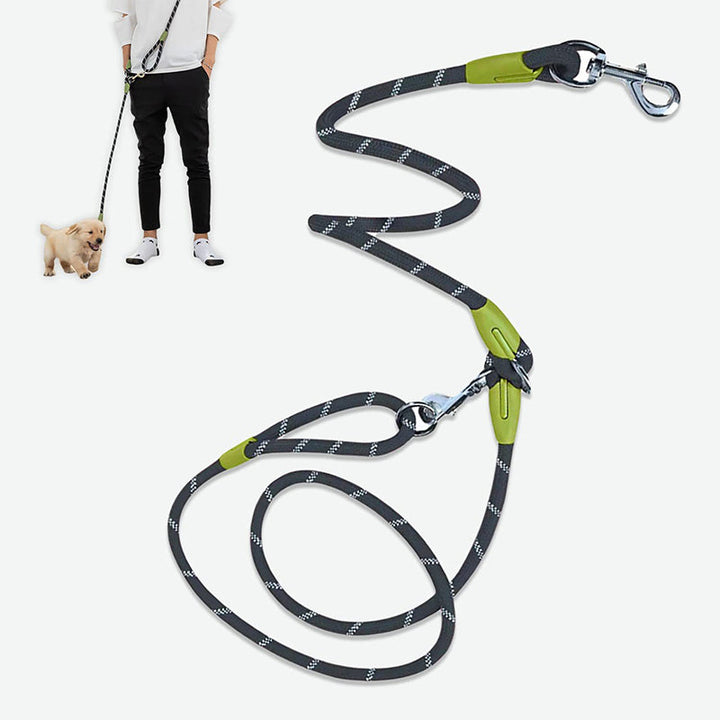Hands-free dog leash, blue nylon, coiled neatly, displaying its compact design for easy storage & pet supplies.