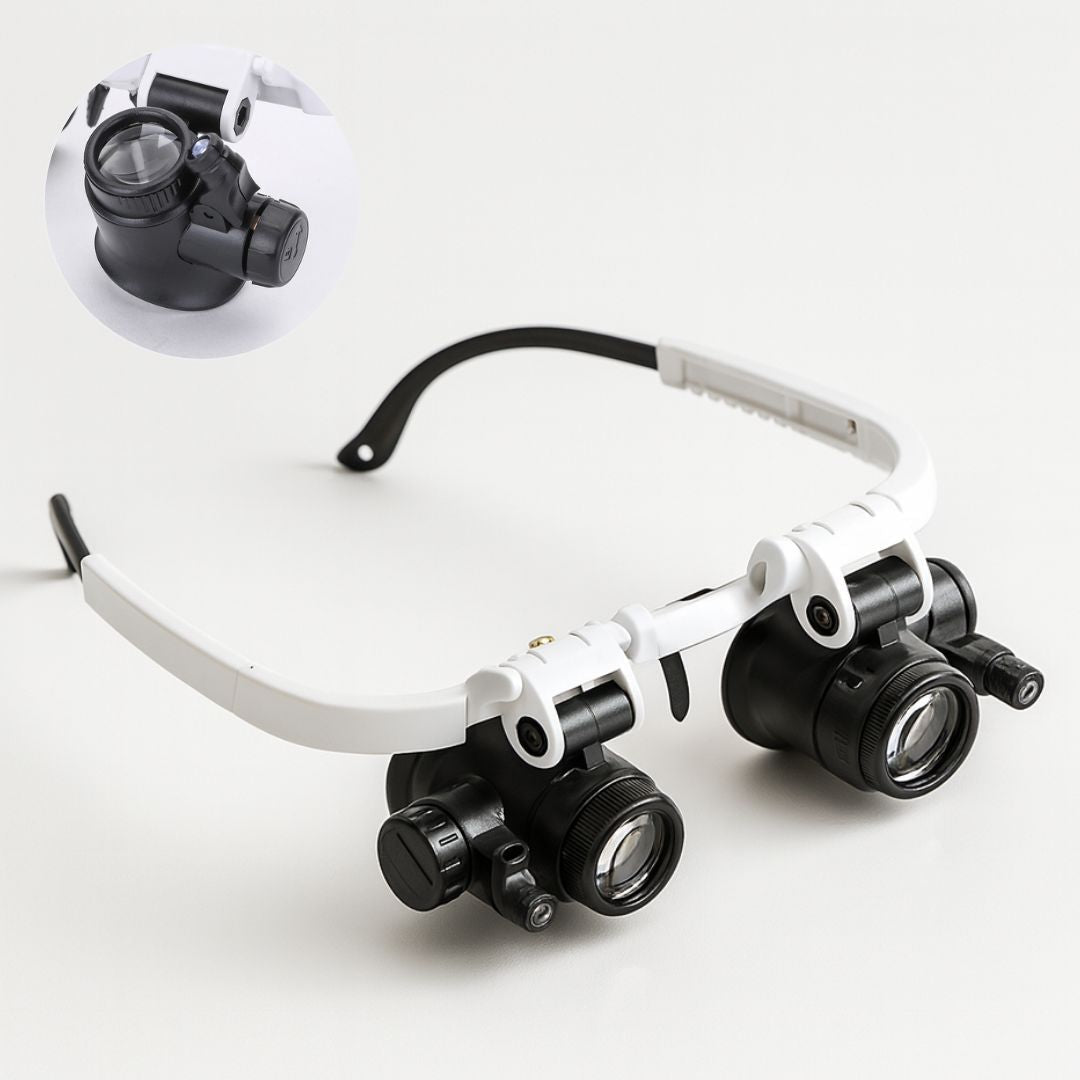 Hands-free LED magnifying glasses for close-up tasks. Adjustable headband magnifier with 8x, 15x, 23x lenses for crafting.