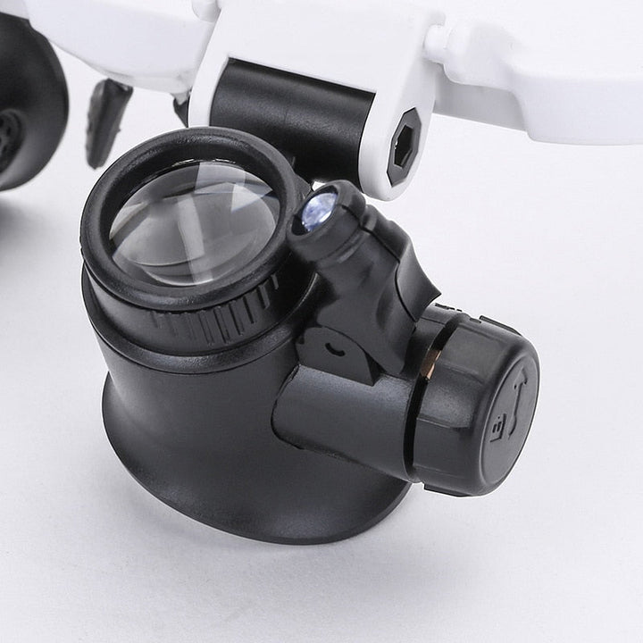 Comfortable adjustable headband magnifier with LED light. 8x, 15x, 23x lenses for extended crafting & electronic repair sessions.