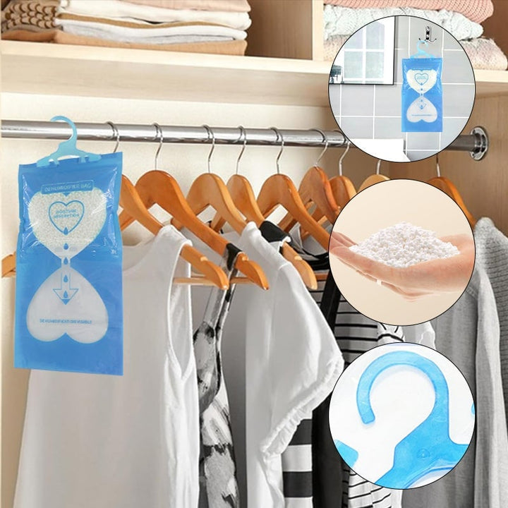 Hanging dehumidifier bag for home & closet, absorbing moisture, preventing mildew with odor eliminator.