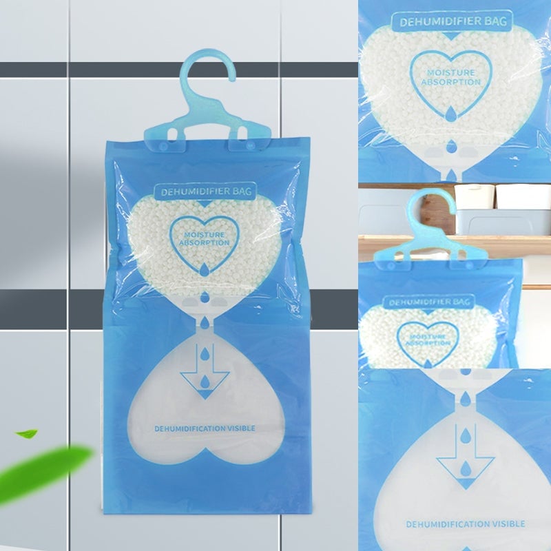 Dehumidifier bag with hooks, eliminating odors & excess humidity, ideal for closet care.