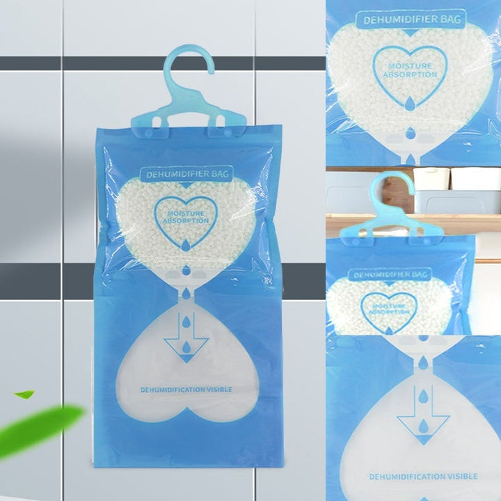 Dehumidifier bag with hooks, eliminating odors & excess humidity, ideal for closet care.
