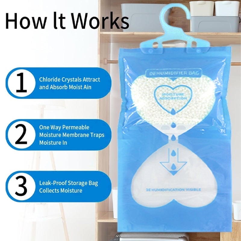 Air freshener and dehumidifier combo, hanging bag for effective moisture absorption.