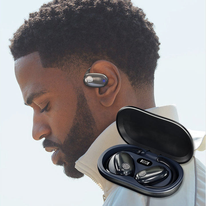 Wireless audio earphones designed for sports, with an ergonomic hanging ear style