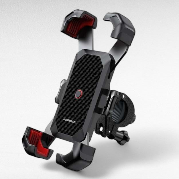 Cyclist's bike phone mount securely holding a smartphone on handlebars for easy outdoor navigation.
