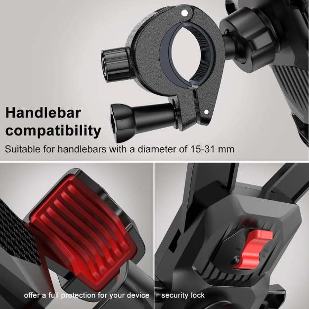 Durable bicycle accessory: universal fit phone holder for handlebars, ensuring secure rides & easy access.