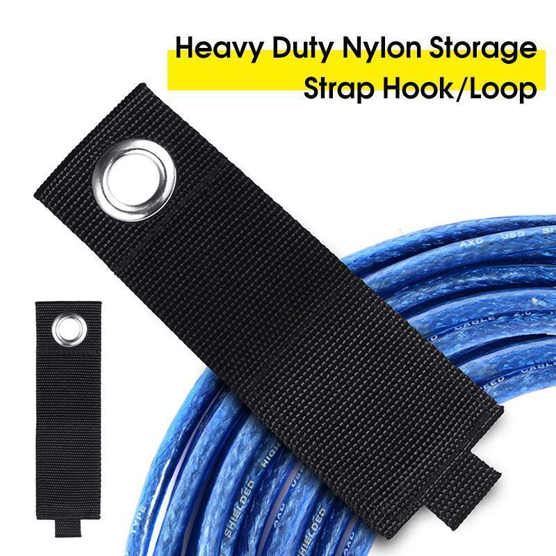 Heavy-duty black nylon cable organizer straps with strong hook-and-loop closure for cord management.