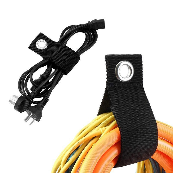 Set of durable velcro cable organizer straps in various sizes, ideal for tidying garage and tool cords.