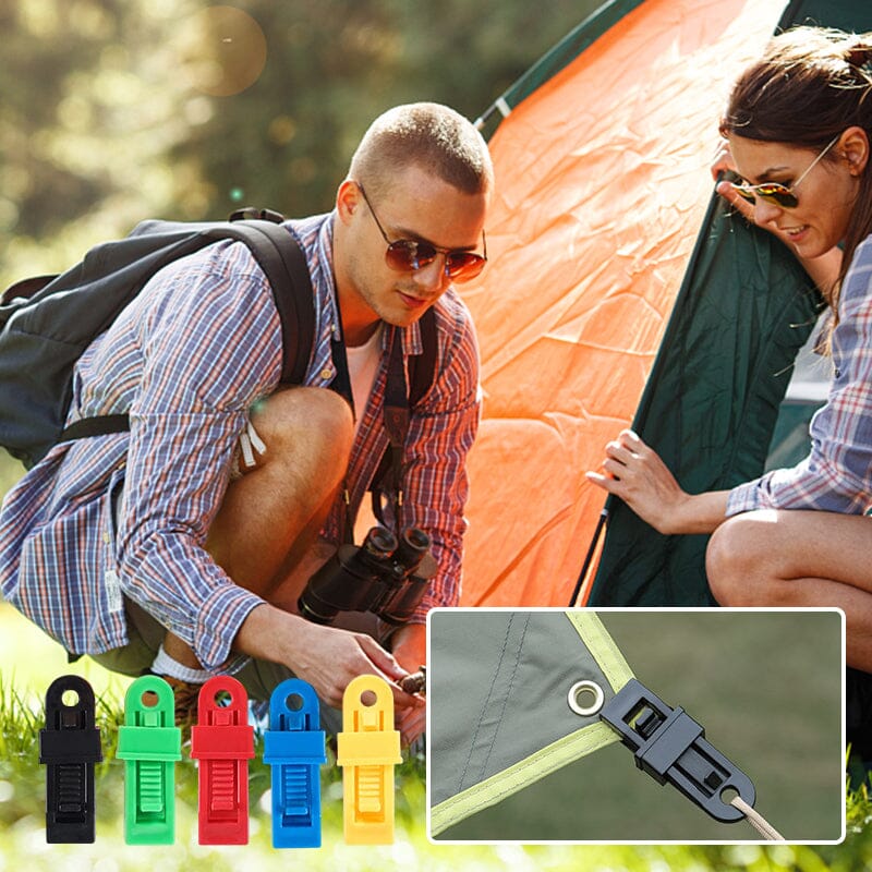 Heavy duty black tarp clips, essential outdoor gear for securing shelters & tents.