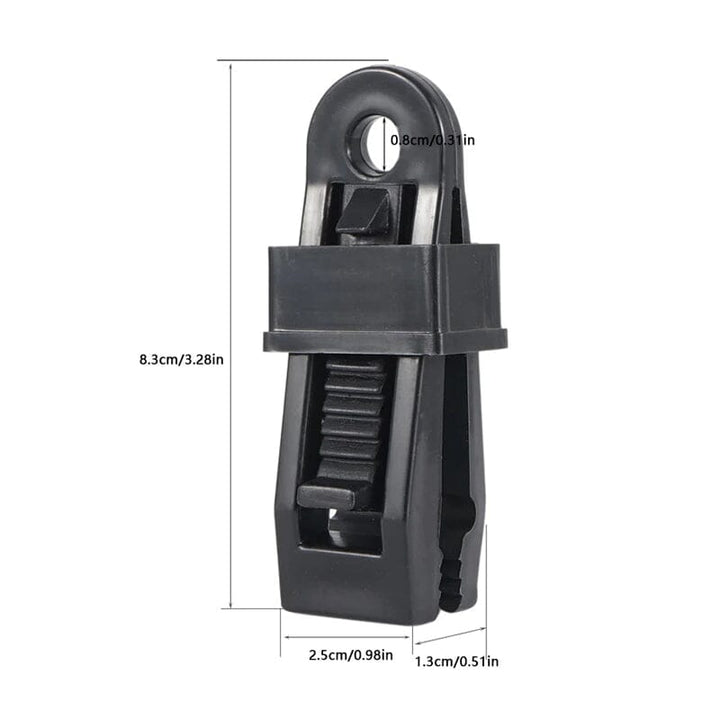 Durable black tarp clips, essential camping accessories for creating impromptu shelters.