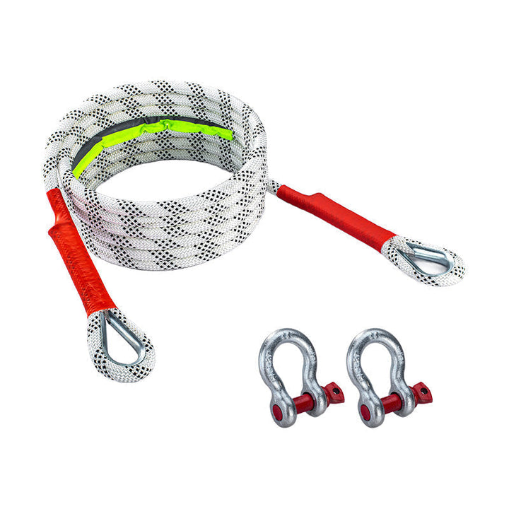 Nylon kinetic recovery rope for vehicle recovery, designed to absorb shock during towing