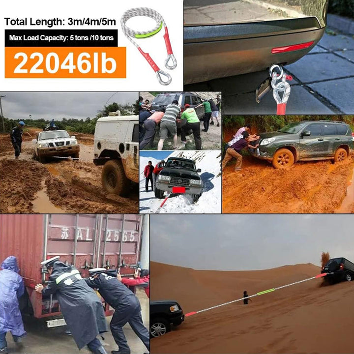 Off-road vehicle recovery tow rope with reinforced spliced eyes, ready for heavy-duty use