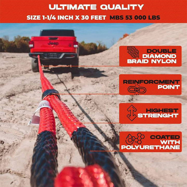 Coiled kinetic tow rope beside an off-road vehicle, essential emergency recovery gear