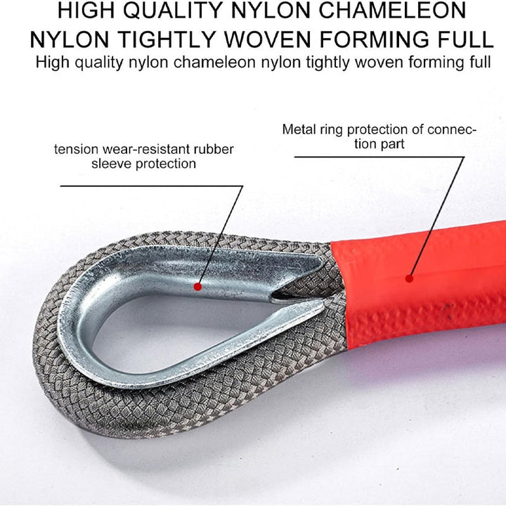 Off-road recovery tow rope laid out straight, highlighting its length and strength