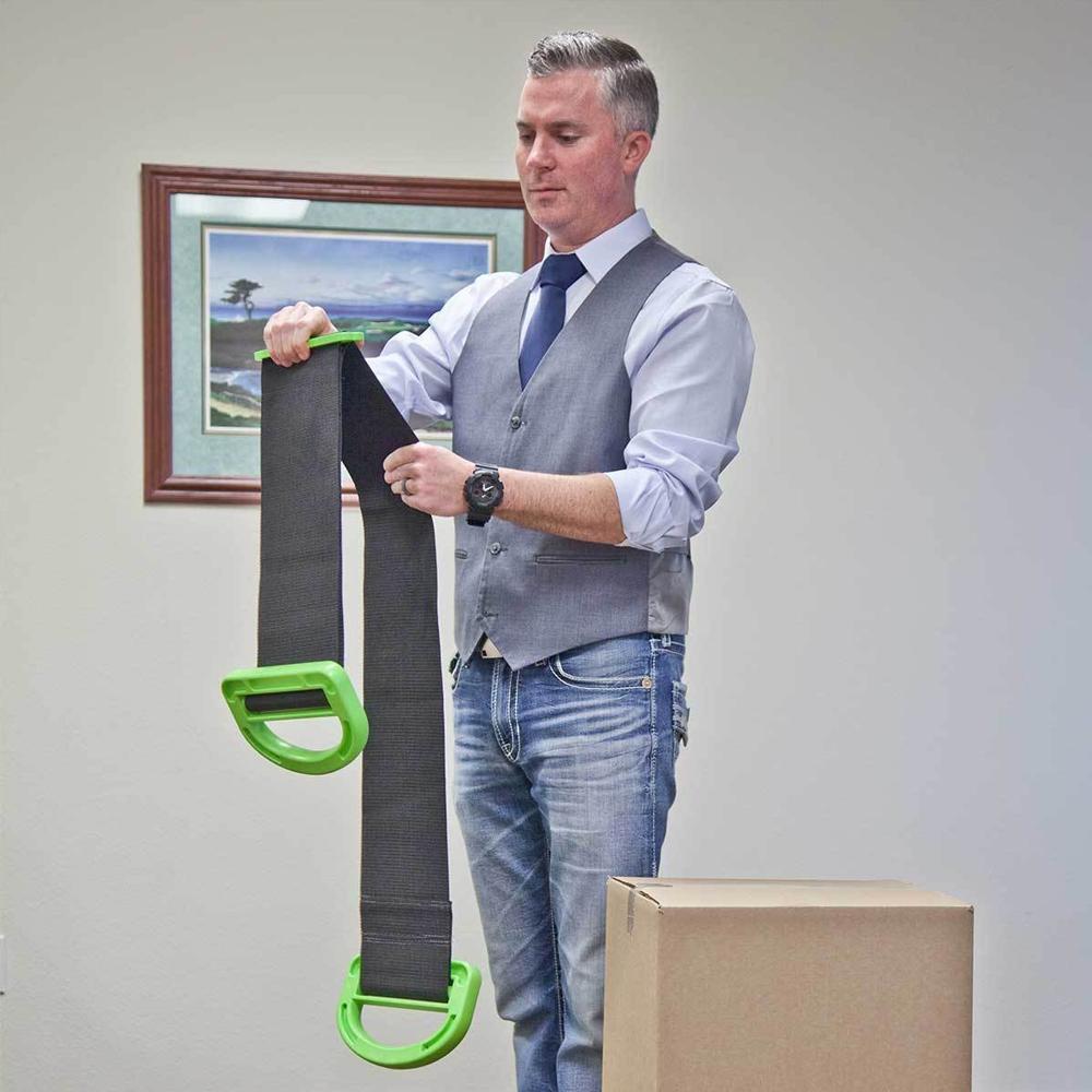 Pair of orange heavy-duty moving straps for two people, designed for back and arm support