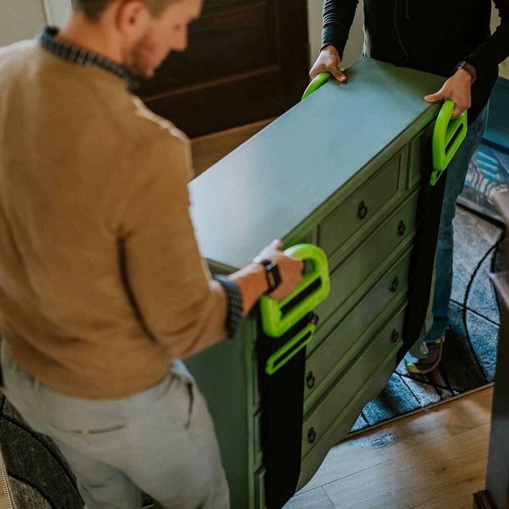 Packaging for heavy-duty furniture moving straps, highlighting their use as essential lifting gadgets