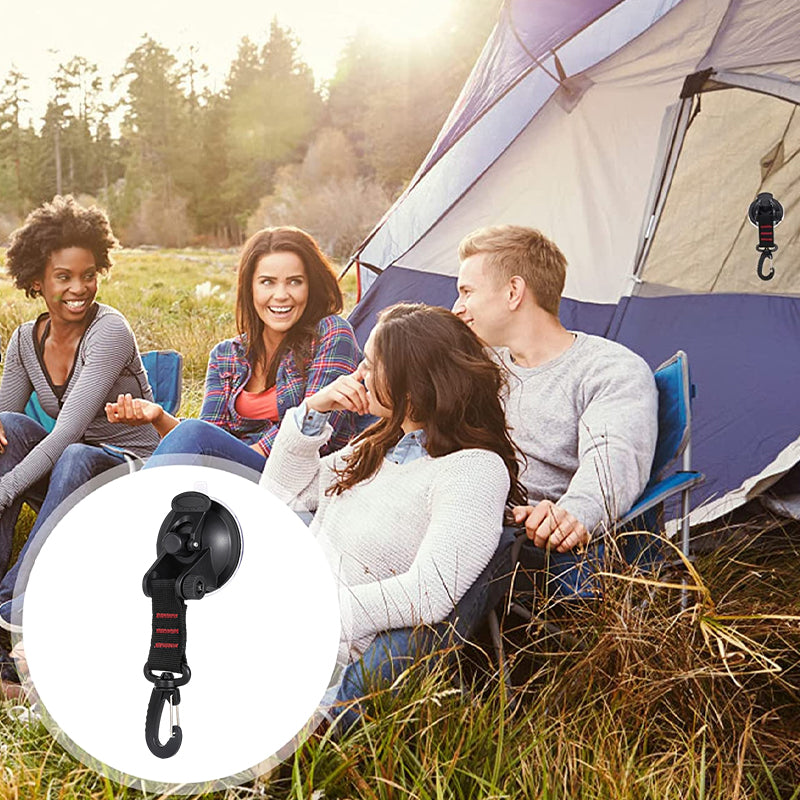 Suction cup anchor hook attached to a car window, showcasing its car camping utility.
