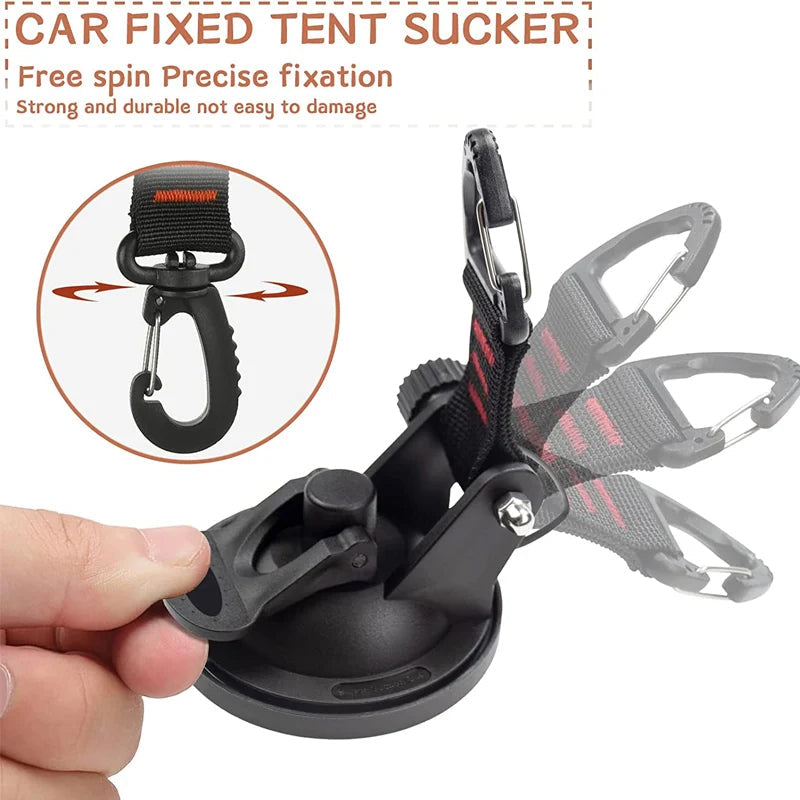 Suction cup anchor hook in use, demonstrating its capability as a storage solution for camping.