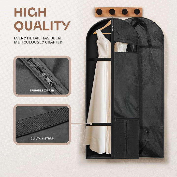 Durable travel garment bag for dresses & suits, clear window & additional pockets.
