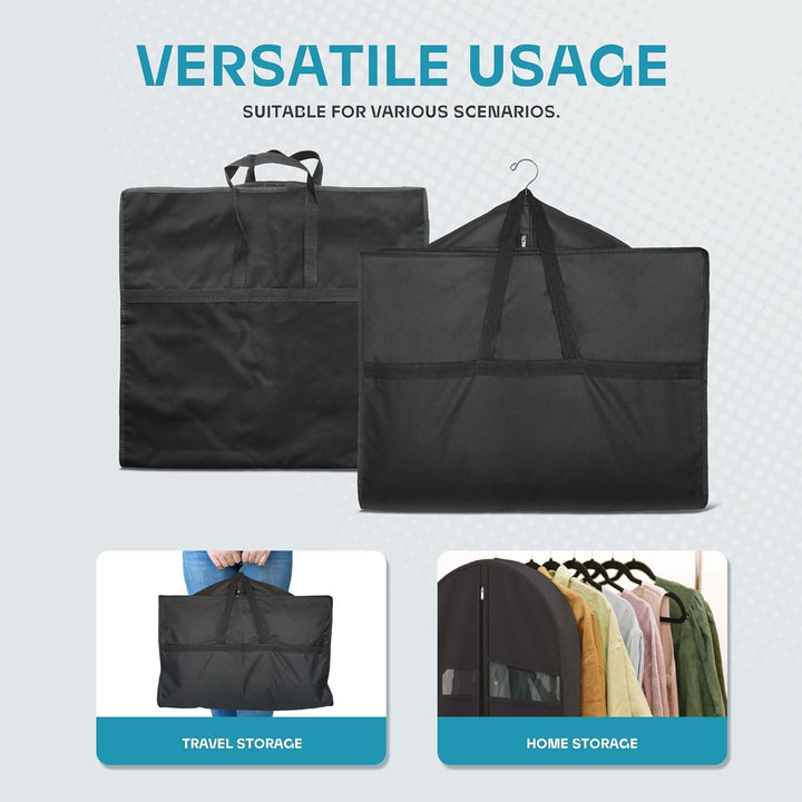 Unisex durable travel garment bag, keeps clothes wrinkle-free with clear window & pockets.