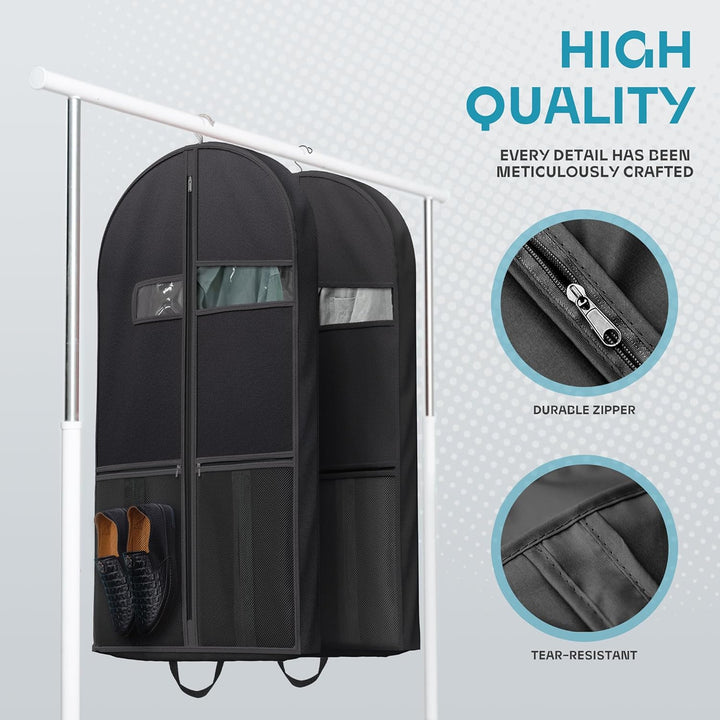 Wrinkle-free dress garment bag, ideal for travel & storage, clear window feature.