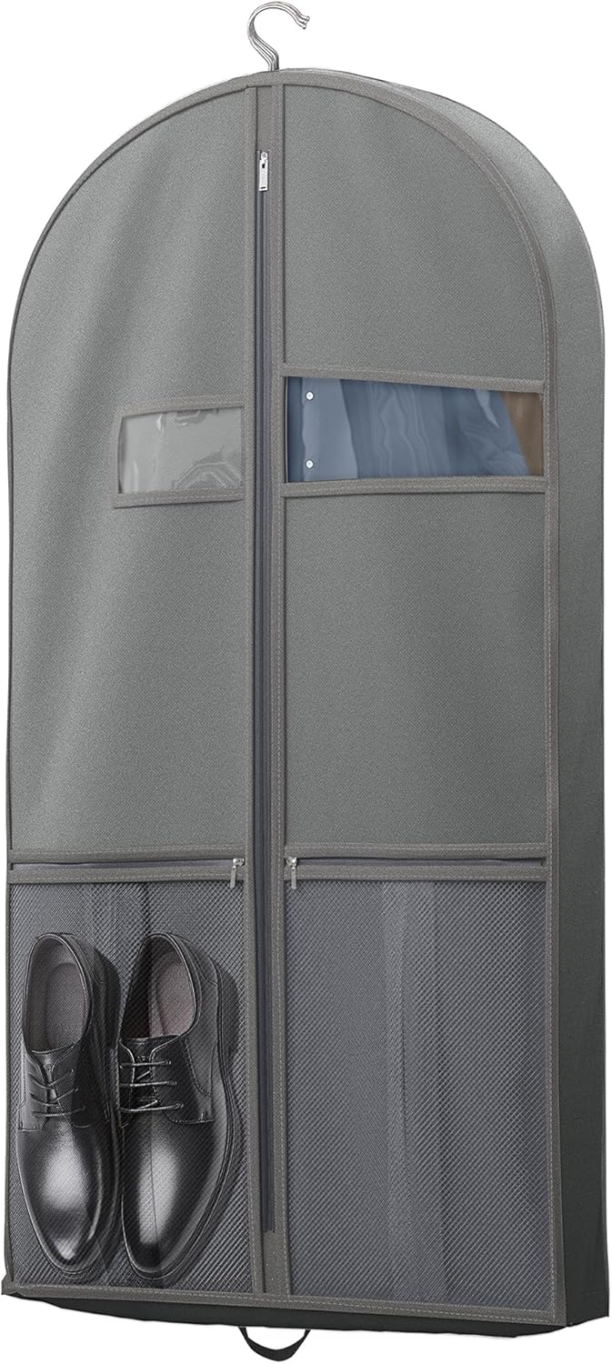Unisex heavy-duty garment bag, clear window, perfect for suits, dresses, & travel.